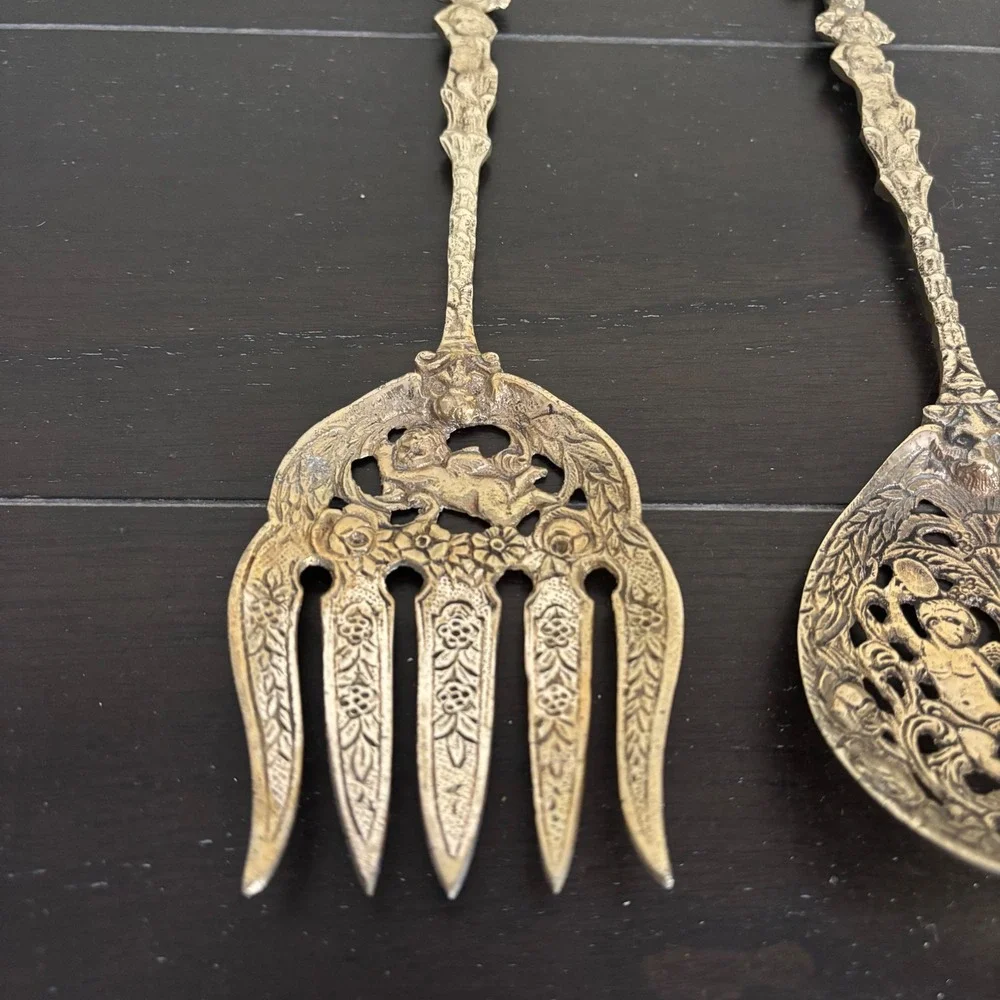 Vintage Italian Brass Salad Serving Set | Cherub Lion Fleur-de-Lis Ornate |‎ 2pc